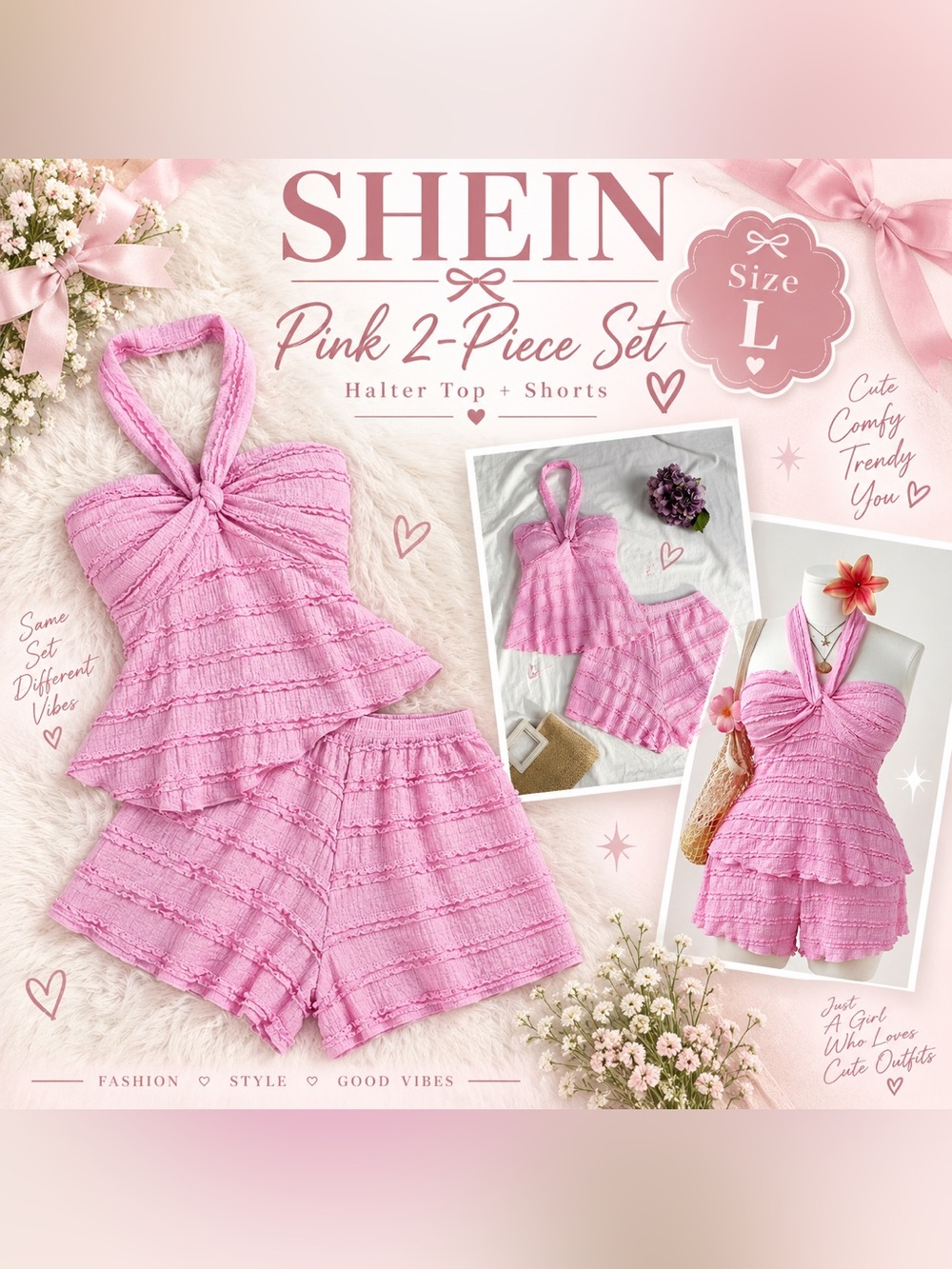 SHEIN Pink Textured Halter Top & Shorts 2-Piece Set